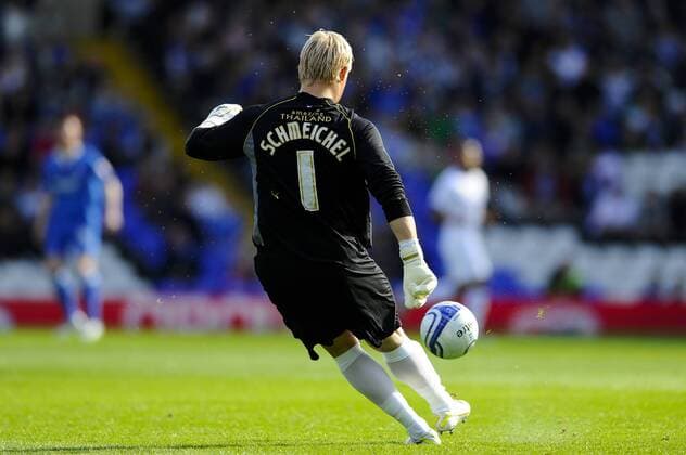 16.10.2011 BIRMINGHAM, ENGLAND. Leicester Goalkeeper Kasper Schmeichel (DEN) clears during the npower Championship football match between Birmingham City City and Leicester City at St Andrews stadium. Mandatory Credit: Actionplus xRoganxThomsonx  ActionPlus20140588 Content restricted for UK based newspaper
