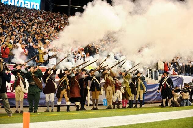 Oct. 16, 2011 - Foxborough, Massachusetts, U.S - The Patriots Militia fire off their muskets after scoring the extra point after a touchdown. The New England Patriots at Gillette Stadium. NFL American Football Herren USA 2011 - ZUMAq39