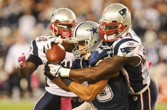 Oct. 16, 2011 - Foxborough, Massachusetts, U.S - New England Patriots DB James Ihedigbo (44) forces Dallas Cowboys WR Miles Austin (19) to lose control of the ball while attempting a catch. Austin would drop it for an incomplete catch. changes the play at the line in the second half. The New England Patriots defeat the Dallas Cowboys 20 - 16 at Gillette Stadium. NFL American Football Herren USA 2011 - Cowboys at Patriots - ZUMAq39