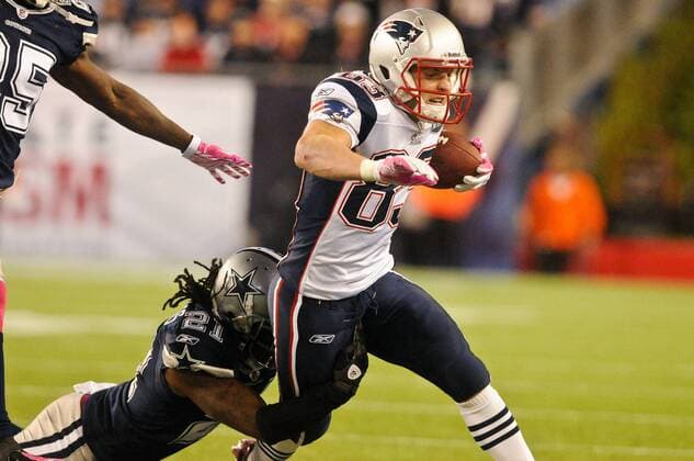 Oct. 16, 2011 - Foxborough, Massachusetts, U.S - New England Patriots WR Wes Welker (83) runs toward the sideline while being tackled by Dallas Cowboys CB Mike Jenkins (21) during the final drive of the game. The New England Patriots defeat the Dallas Cowboys 20 - 16 at Gillette Stadium. NFL American Football Herren USA 2011 - Cowboys at Patriots - ZUMAq39