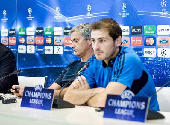 Real Madrid - Olympique Lyonnais ( Lyon ) UEFA CHAMPIONS LEAGUE 2011-2012 Group D - matchday 3 Jose Mourinho and Iker Casillas, coach and captain of Real Madrid C.F., speaking to the press in Valdebebas before the match