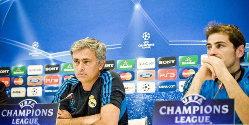 Real Madrid - Olympique Lyonnais ( Lyon ) UEFA CHAMPIONS LEAGUE 2011-2012 Group D - matchday 3 Jose Mourinho, captain of Real Madrid C.F., speaking to the press in Valdebebas before the match