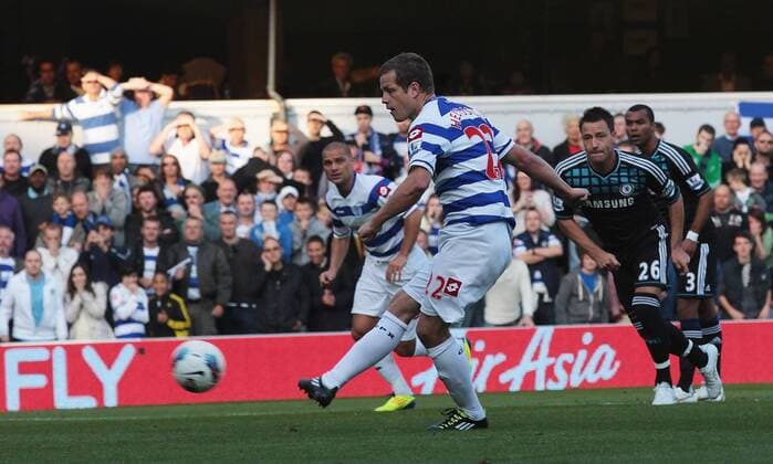 Hidar Helguson of Queens Park Rangers scores from the penalty spot Barclays Premier League Queens Park Rangers v Chelsea FC London 23rd October, 2011 EDITORIAL USE ONLY. No use with unauthorised audio, video, data, fixture lists, club league logos or live services. Online in-match use limited to 120 images, no video emulation. No use in betting, games or single club league player publications. QPR