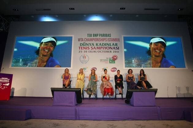 ISTANBUL, Turkey - The eight competitors at the TEB BNP Paribas WTA Tennis Damen Championships were split into their two round robin groups at the official draw ceremony Sunday night, with play set to begin at the 4.9-million-dollar year-end finale on Tuesday. 23.10.2011 Pictured, L-R: Caroline Wozniacki of Denmark, Maria Sharapova of Russia, Petra Kvitova of the Czech Republic, Na Li of China, Vera Zvonareva of Russia, Samantha Stosur of Australia, Agnieszka Radwanska of Poland.  o0 Totale
