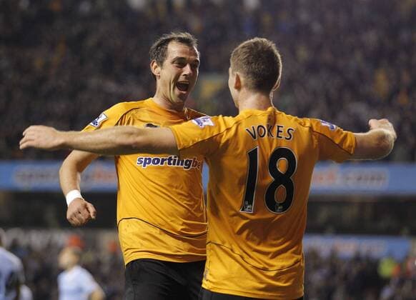 Nenad Milijas celebrates scoring the first goal of the game for Wolverhampton Wanderers with Sam Vokes. Carling Cup Wolverhampton Wanderers v Manchester City 26th October, 2011 EDITORIAL USE ONLY. No use with unauthorised audio, video, data, fixture lists, club league logos or live services. Online in-match use limited to 120 images, no video emulation. No use in betting, games or single club league player publications.