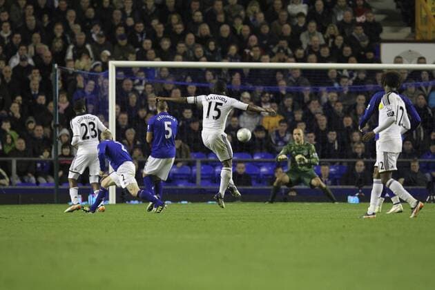 26.10.2011. Liverpool, England. Florent Malouda s shot on goal in the Carling Cup match between Everton and Chelsea at Goodison Park. Mandatory Credit ActionPlus. xDavidxLloydx  ActionPlus11216675 Content restricted for UK based newspaper