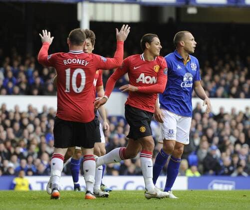 Javier Chicharito Hernandez of Manchester United (ManU) celebrates scoring the first goal Barclays Premier League FC Everton vs Manchester United (ManU) 29th October, 2011 EDITORIAL USE ONLY. No use with unauthorised audio, video, data, fixture lists, club league logos or live services. Online in-match use limited to 120 images, no video emulation. No use in betting, games or single club league player publications.