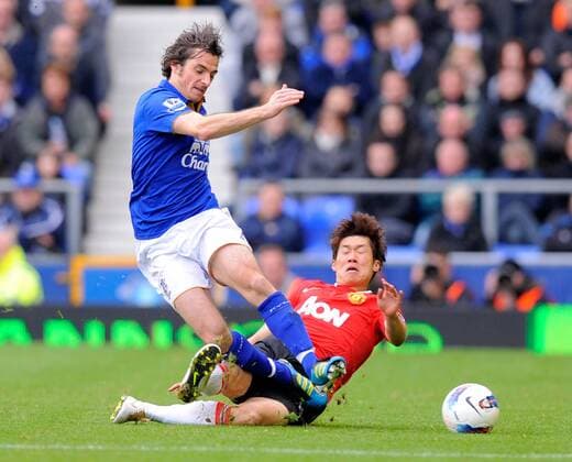 Park Ji-Sung of Manchester United tackles Leighton Baines of Everton Barclays Premier League FC Everton vs Manchester United (ManU) 29th October, 2011 EDITORIAL USE ONLY. No use with unauthorised audio, video, data, fixture lists, club league logos or live services. Online in-match use limited to 120 images, no video emulation. No use in betting, games or single club league player publications.