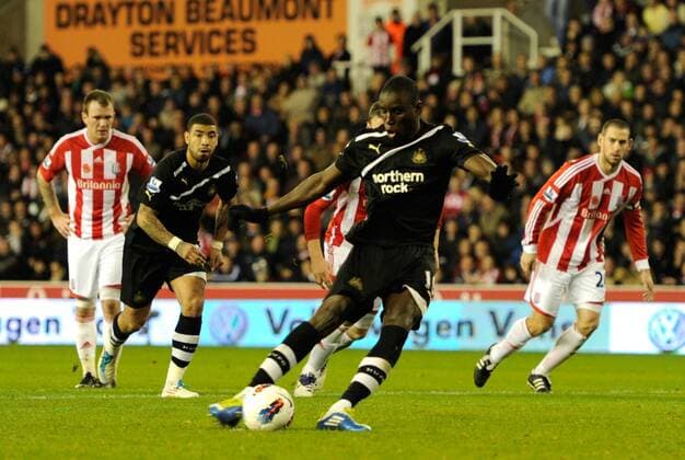 Demba Ba of Newcastle United scores from the penalty spot for Newcastles third goal, Stoke City - Newcastle United, Stoke on Trent EDITORIAL USE ONLY. No use with unauthorised audio, video, data, fixture lists, club league logos or live services. Online in-match use limited to 120 images, no video emulation. No use in betting, games or single club league player publications.