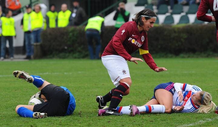 Lenka Gazdikova and Iva Mocova of Sparta (left to right) and Lara Dickenmann of Lyon are seen during the match of the UEFA Women s Champions League Sparta Praha vs Lyon played in Prague on Thursday, November 3, 2011. (CTKxPhoto StanxPeska)  CTKPhoto886201111030838801