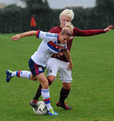 Eugenie Le Sommer of Lyon (front) and Aneta Malinova of Sparta are seen during the match of the UEFA Women s Champions League Sparta Praha vs Lyon played in Prague on Thursday, November 3, 2011. (CTKxPhoto StanxPeska)  CTKPhoto887201111030826701