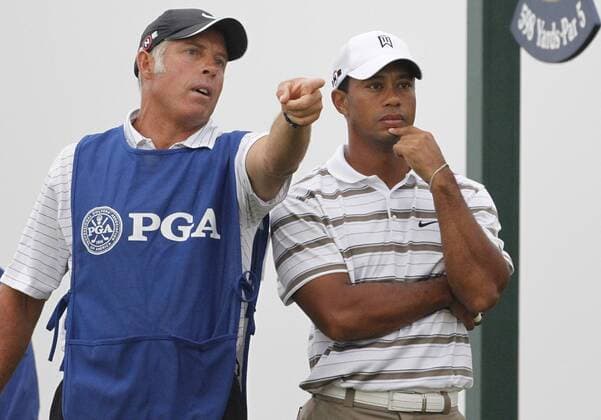 Tiger Woods former caddie Steve Williams (L), seen with Woods at the PGA Golf Herren Championship on August 13, 2010,.  WAX2011110502