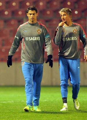 10.11.2011 Zenica(Bosnia and Herzegovina) Cristiano Ronaldo(L) with Fabio Coentrao(r) at Portugal national football team training day before first play off Euro 2012 match against Bosnia and Herzegovina : 