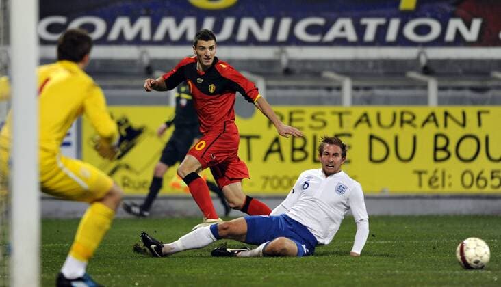 MONS , 14 11 2011 FOOTBALL UEFA EURO 2013 QUALIFICATION UNDER 21 BELGIUM ENGLAND JACK BUTLAND THOMAS MEUNIER CRAIG DAUWSON Picture Michel GOUVERNEUR © REPORTERS PRESS AGENCY 
