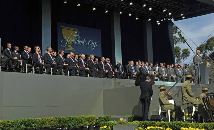 16.11.2011, Melbourne Australia. The Presidents Cup. A general View of the stage at The Opening Ceremony whilst Greg Norman addresses the crowd. America verse the rest of the world except Europe played at the Royal Melbourne Golf Club. xPeterxBlakemanx  ActionPlus20111822 o0 President s