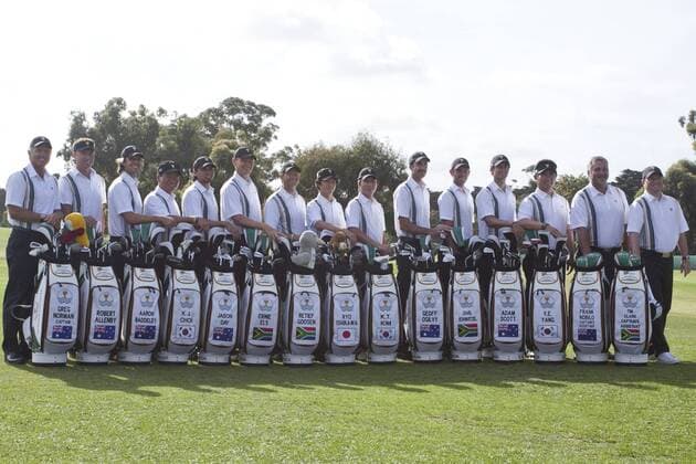 The Internationals team photo at the Presidents Cup at the Royal Melbourne Golf Club, Australia. PGA Golf Herren: L-R: Greg Norman, Robert Allenby, Aaron Baddeley, K J Choi, Jason Day, Ernie Els, Retief Goosen, Ryo Ishikawa, KT Kim, Geoff Ogilvy, Charl Schwartzel, Adam Scott, Y. E. Yang, Co Captain Frank Nobilo, Co Captain Tim Clark Icon11111614725 o0 KJ Kyung Ju Totale KT Mannschaftsbild EDITORIAL USE ONLY