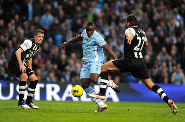 Micah Richards of Manchester City scores the second goal - Premier League Manchester City v Newcastle United 19th November, 2011 EDITORIAL USE ONLY. No use with unauthorised audio, video, data, fixture lists, club league logos or live services. Online in-match use limited to 120 images, no video emulation. No use in betting, games or single club league player publications.