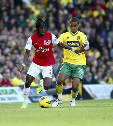 Football - Premier League - Norwich City vs. Arsenal FC at Carrow Road, Norwich - Gervinho, Arsenal, is tackled by Kyle Naughton, Norwich.  3428-3428