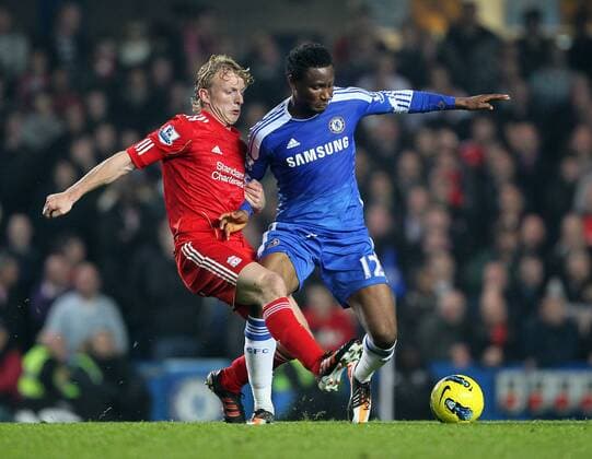 Chelseas John Mikel Obi tussles with Liverpools Dirk Kuyt Barclays Premier League Chelsea v Liverpool 20th November, 2011 EDITORIAL USE ONLY. No use with unauthorised audio, video, data, fixture lists, club league logos or live services. Online in-match use limited to 120 images, no video emulation. No use in betting, games or single club league player publications.
