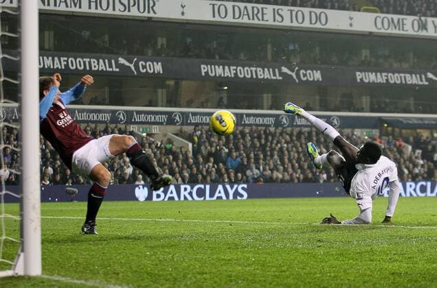 Tottenhams Emmanuel Adebayor scoring his sides opening goal Barclays Premier League Tottenham Hotspur v Aston Villa 21st November, 2011 EDITORIAL USE ONLY. No use with unauthorised audio, video, data, fixture lists, club league logos or live services. Online in-match use limited to 120 images, no video emulation. No use in betting, games or single club league player publications.