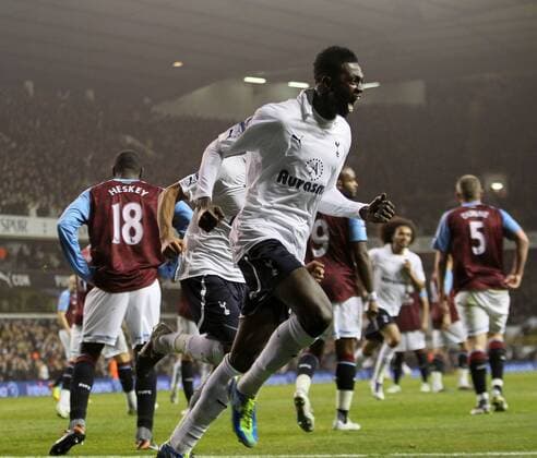 Tottenhams Emmanuel Adebayor celebrates scoring his sides opening goal Barclays Premier League Tottenham Hotspur v Aston Villa 21st November, 2011 EDITORIAL USE ONLY. No use with unauthorised audio, video, data, fixture lists, club league logos or live services. Online in-match use limited to 120 images, no video emulation. No use in betting, games or single club league player publications.