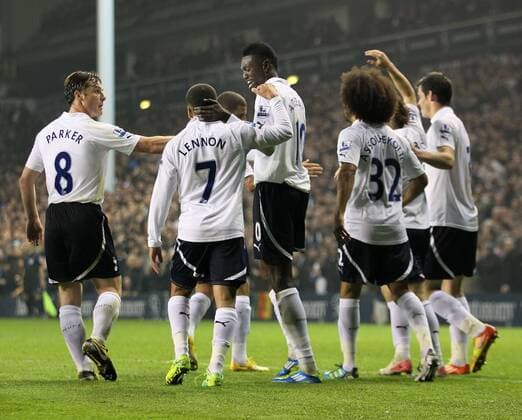 Tottenhams Emmanuel Adebayor celebrates scoring his sides second goal Barclays Premier League Tottenham Hotspur v Aston Villa 21st November, 2011 EDITORIAL USE ONLY. No use with unauthorised audio, video, data, fixture lists, club league logos or live services. Online in-match use limited to 120 images, no video emulation. No use in betting, games or single club league player publications.
