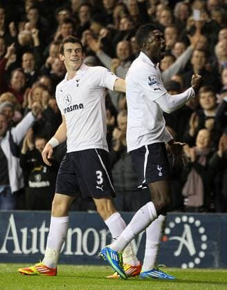 Tottenhams Emmanuel Adebayor celebrates scoring his sides opening goal Barclays Premier League Tottenham Hotspur v Aston Villa 21st November, 2011 EDITORIAL USE ONLY. No use with unauthorised audio, video, data, fixture lists, club league logos or live services. Online in-match use limited to 120 images, no video emulation. No use in betting, games or single club league player publications.