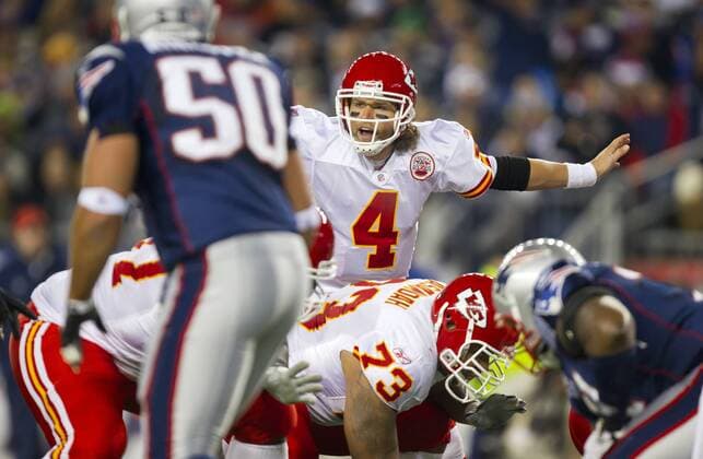 Nov. 21, 2011 - Foxboro, MA, USA - Kansas City Chiefs quarterback Tyler Palko (4) signaled his offensive line against the New England Patriots on Monday, November 21, 2011 at Gillette Stadium in Foxboro, Massachusetts. Chiefs at Patriots - ZUMAm67