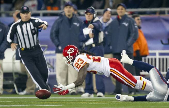 Nov. 21, 2011 - Foxboro, MA, USA - Kansas City Chiefs free safety Kendrick Lewis (23) dives for an on-side kick recovery against the New England Patriots, but the kick recovery was disallowed on Monday, November 21, 2011 at Gillette Stadium in Foxboro, Massachusetts. Chiefs at Patriots - ZUMAm67