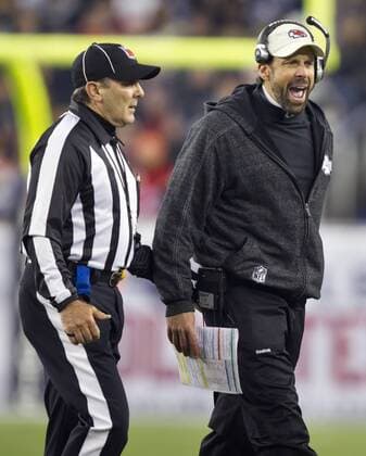 Nov. 21, 2011 - Foxboro, MA, USA - Kansas City Chiefs head coach Todd Haley shouts after the ruling of a disallowed on side kick against the New England Patriots on Monday, November 21, 2011 at Gillette Stadium in Foxboro, Massachusetts. Chiefs at Patriots - ZUMAm67