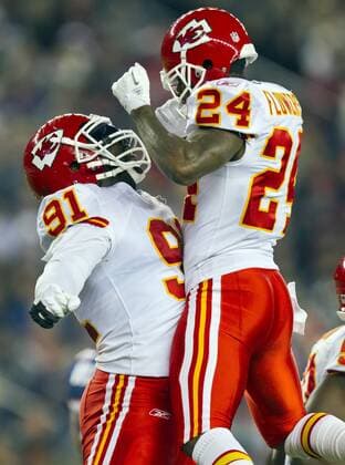 Nov. 21, 2011 - Foxboro, MA, USA - Kansas City Chiefs outside linebacker Tamba Hali (91) celebrated his sack of New England Patriots quarterback Tom Brady with teammate Brandon Flowers (24) in the second quarter on Monday, November 21, 2011 at Gillette Stadium in Foxboro, Massachusetts. Chiefs at Patriots - ZUMAm67