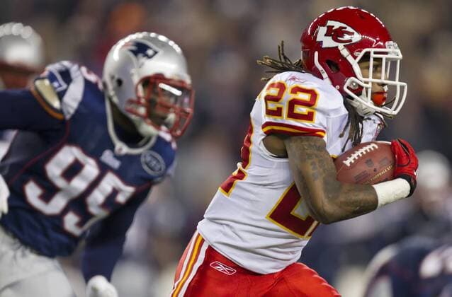 Nov. 21, 2011 - Foxboro, MA, USA - Kansas City Chiefs running back Dexter McCluster (22) ran past New England Patriots defensive end Mark Anderson (95) in the first quarter on Monday, November 21, 2011 at Gillette Stadium in Foxboro, Massachusetts. Chiefs at Patriots - ZUMAm67