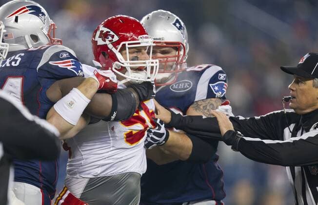 Nov. 21, 2011 - Foxboro, MA, USA - Kansas City Chiefs outside linebacker Andy Studebaker (96) was held back by New England Patriots players after a personal foul penalty was assessed on the Patriots in the fourth quarter on Monday, November 21, 2011 at Gillette Stadium in Foxboro, Massachusetts. Chiefs at Patriots - ZUMAm67