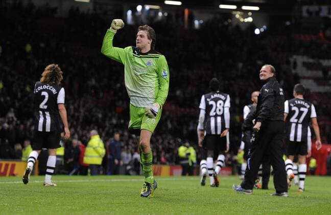 Tim Krul of Newcastle United celebrates the draw Barclays Premier League Manchester United v Newcastle United 26th November, 2011 EDITORIAL USE ONLY. No use with unauthorised audio, video, data, fixture lists, club league logos or live services. Online in-match use limited to 120 images, no video emulation. No use in betting, games or single club league player publications.