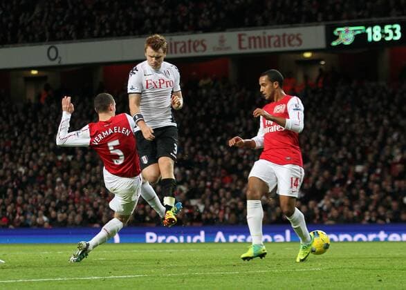 Arsenals Thomas Vermaelen scoring an own goal to put Fulham 1-0 up Barclays Premier League Arsenal v Fulham 26th November, 2011 EDITORIAL USE ONLY. No use with unauthorised audio, video, data, fixture lists, club league logos or live services. Online in-match use limited to 120 images, no video emulation. No use in betting, games or single club league player publications.