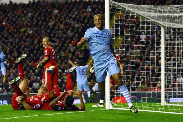 Football - Premier League - Liverpool vs. Manchester City Vincent Kompany of Manchester City celebrates his opening goal at Anfield 