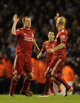 Charlie Adam of Liverpool celebrates his goal Barclays Premier League Liverpool v Manchester City 27th November, 2011 EDITORIAL USE ONLY. No use with unauthorised audio, video, data, fixture lists, club league logos or live services. Online in-match use limited to 120 images, no video emulation. No use in betting, games or single club league player publications.