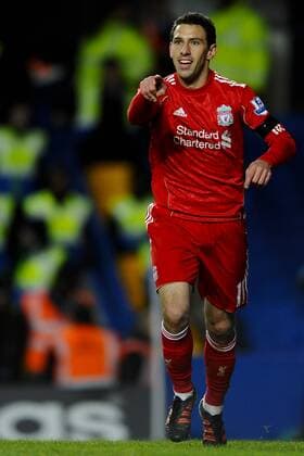 29.11.2011 London, England. Liverpool Midfielder Maxi Rodriguez (ARG) celebrates scoring a goal to give Liverpool a 1-0 lead during the second half of the Carling Cup Quarter-Final football match between Chelsea FC and Liverpool FC at Stamford Bridge. x  ActionPlus11224174 Content restricted for UK based newspaper
