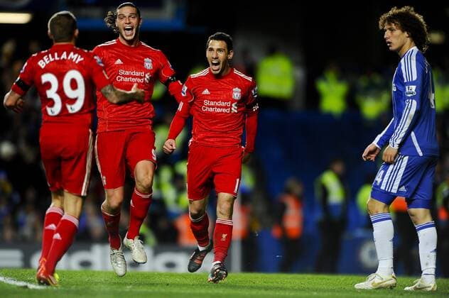 29.11.2011 London, England. Liverpool Midfielder Maxi Rodriguez (ARG) celebrates scoring a goal to give Liverpool a 1-0 lead during the second half of the Carling Cup Quarter-Final football match between Chelsea FC and Liverpool FC at Stamford Bridge. Liverpool beat Chelsea 2-0 to move into the semi-final round. xRoganxThomsonx  ActionPlus11224175 Content restricted for UK based newspaper