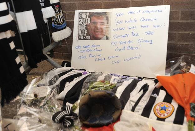 Tributes left for the former Newcastle United midfielder Gary Speed who passed away last week before the Premier League football match between Newcastle United and Chelsea FC on 3 December 2011, at St. James Park, Newcastle upon Tyne, England. Barclays Premier League Newcastle United v Chelsea 3rd December, 2011 EDITORIAL USE ONLY. No use with unauthorised audio, video, data, fixture lists, club league logos or live services. Online in-match use limited to 120 images, no video emulation. No use in betting, games or single club league player publications.