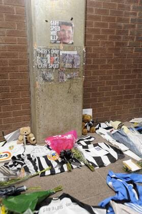 Tributes left for the former Newcastle United midfielder Gary Speed who passed away last week before the Premier League football match between Newcastle United and Chelsea FC on 3 December 2011, at St. James Park, Newcastle upon Tyne, England. Barclays Premier League Newcastle United v Chelsea 3rd December, 2011 EDITORIAL USE ONLY. No use with unauthorised audio, video, data, fixture lists, club league logos or live services. Online in-match use limited to 120 images, no video emulation. No use in betting, games or single club league player publications.