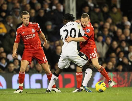 Fulhams Dickson Etuhu tussles with Liverpools Jordan Henderson and Jay Spearing Barclays Premier League Fulham v Liverpool 5th December, 2011 EDITORIAL USE ONLY. No use with unauthorised audio, video, data, fixture lists, club league logos or live services. Online in-match use limited to 120 images, no video emulation. No use in betting, games or single club league player publications.