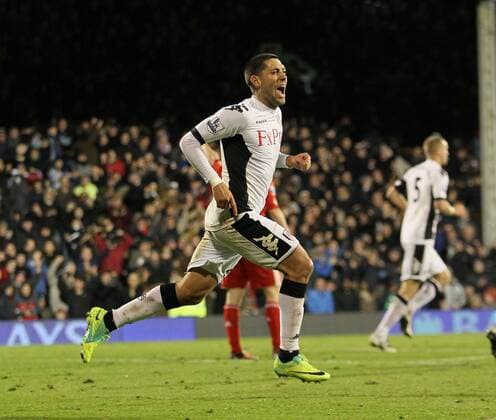 Fulhams Clint Dempsey celebrates scoring his sides opening goal Barclays Premier League Fulham v Liverpool 5th December, 2011 EDITORIAL USE ONLY. No use with unauthorised audio, video, data, fixture lists, club league logos or live services. Online in-match use limited to 120 images, no video emulation. No use in betting, games or single club league player publications.