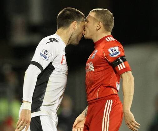 Fulhams Clint Dempsey clashes heads with Liverpools Craig Bellamy Barclays Premier League Fulham v Liverpool 5th December, 2011 EDITORIAL USE ONLY. No use with unauthorised audio, video, data, fixture lists, club league logos or live services. Online in-match use limited to 120 images, no video emulation. No use in betting, games or single club league player publications.