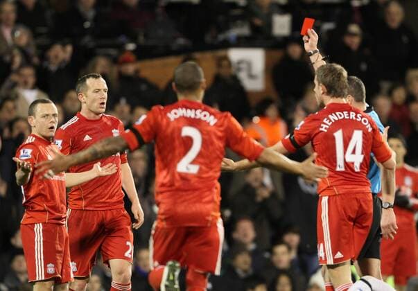 Liverpools Jay Spearing looks on in shock as he gets sent off Barclays Premier League Fulham v Liverpool 5th December, 2011 EDITORIAL USE ONLY. No use with unauthorised audio, video, data, fixture lists, club league logos or live services. Online in-match use limited to 120 images, no video emulation. No use in betting, games or single club league player publications.