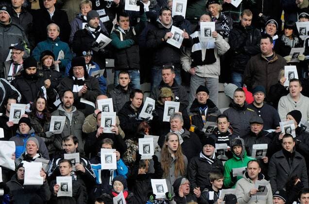 Newcastle United fans sing the Welsh Bread of Heaven in tribute to Gary Speed during the Premier League football match on 17 December 2011, at Sports Direct Arena, Newcastle upon Tyne, England. EDITORIAL USE ONLY. No use with unauthorised audio, video, data, fixture lists, club league logos or live services. Online in-match use limited to 120 images, no video emulation. No use in betting, games or single club league player publications.