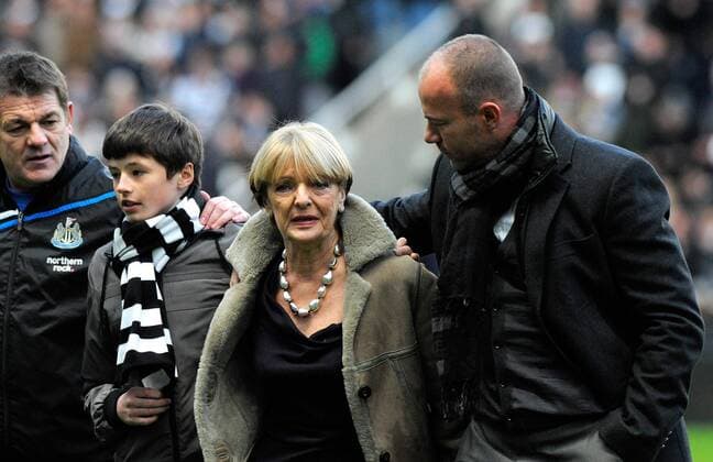 Alan Shearer (far right) and John Carver (far left) comfort Gary Speed s mum Carol Speed (2nd R) and one of Gary s sons during the Premier League football match between Newcastle United and Swansea City on 17 December 2011, at Sports Direct Arena, Newcastle upon Tyne, England. EDITORIAL USE ONLY. No use with unauthorised audio, video, data, fixture lists, club league logos or live services. Online in-match use limited to 120 images, no video emulation. No use in betting, games or single club league player publications.