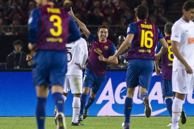 Xavi (Barcelona), DECEMBER 18, 2011 - Football Soccer : Xavi of Barcelona celebrates with his teammates after scoring their second goal during the FIFA Club World Cup Final match between Santos FC 0-4 FC Barcelona at International Stadium Yokohama in Kanagawa, Japan.  (ptmb024277)