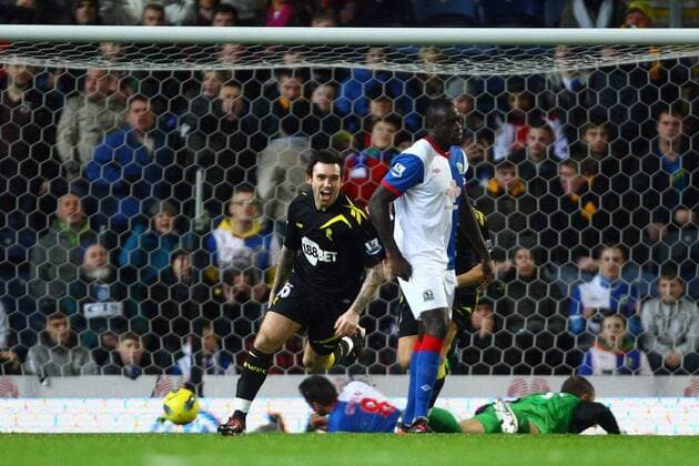 Football - Premier League - Blackburn Rovers vs. Bolton Wanderers Mark Davies of Bolton celebrates his opening goal at Ewood Park 