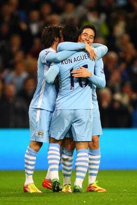 Football - Premier League - Manchester City vs. Stoke City Sergio Kun Aguero of Manchester City celebrates his sides third goal scored by Sergio Kun Aguero at the Etihad Stadium 